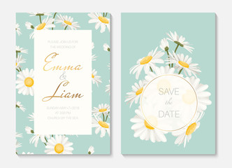 Wedding invitation card portrait template set. Round and rectangular border frame decorated with yellow white daisy chamomile flowers bouquet. Sky blue background. Vector design illustration. - 224102415