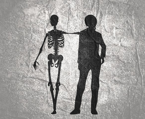 Woman and skeleton standing and hugging. Halloween party design template. Friends embrace