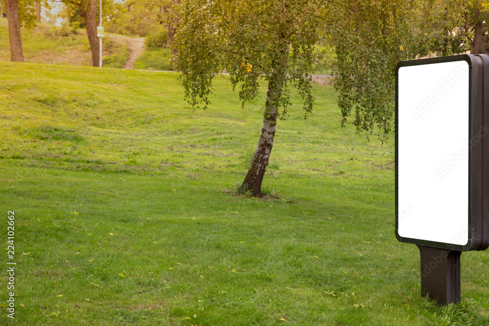 Poster blank billboard mock up on public park for text message or content.