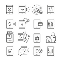 mobile payment and mobile banking icons outline on white background