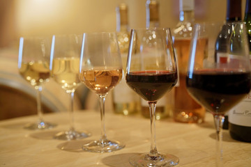 Glasses of wine set on table in winery for tasting