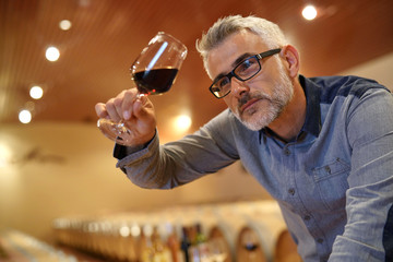 Winemaker tasting red wine in cellar - Powered by Adobe