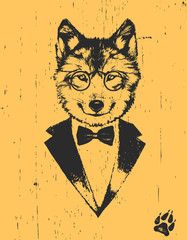 Naklejka premium Portrait of Wolf in suit, hand-drawn illustration, vector
