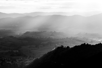 Sunrays coming over a valley in Umbria (Italy) with some plants in the foreground