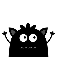 Cute black silhouette monster face icon. Happy Halloween. Cartoon colorful scary funny character. Eyes, ears, mouth, hair. Funny baby collection. White background Isolated. Flat design.
