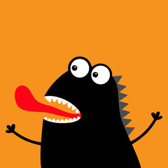 Cute black silhouette monster face icon. Happy Halloween. Cartoon colorful scary funny character. Eyes, mouth showing tongue. Funny baby collection. Orange background Flat design.