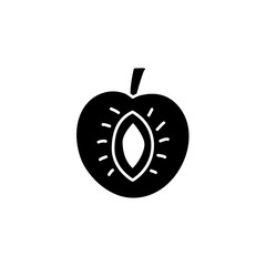 Black & white vector illustration of apricot. Flat icon of fresh cut fruit with sead. Vegan & vegetarian food. Health eating ingredient. Isolated object