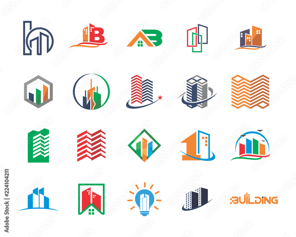Poster variation mixed skyscraper building image vector icon logo symbol set