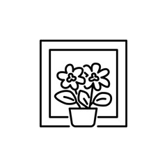 Black & white vector illustration of flowering houseplant  with flowers and leaves in pot. Line icon of decorative home plant in container on the window. Isolated on white background.