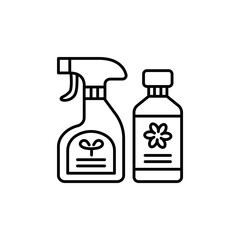 Black & white vector illustration of plant doctor & food sprays. Flower care in the bottles. Line icon of fertilizer for home plants. Isolated on white background.