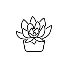 Black & white vector illustration of succulent in pot. Decorative home plant in containers. Line icon of indoor desert plant. Potted houseplant. Isolated object on white background.