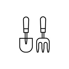 Garden hand fork & hand shovel. Gardening tools. Line vector icon