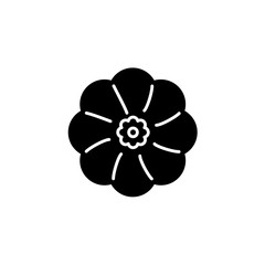 Black & white vector illustration of bush pumpkin vegetable. Flat icon of fresh organic round patisson veggie. Vegan & vegetarian food. Isolated object on white background.