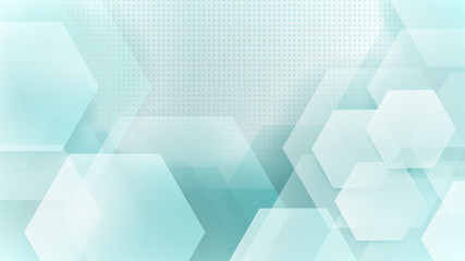 Abstract background of hexagons and halftone dots in white and turquoise colors