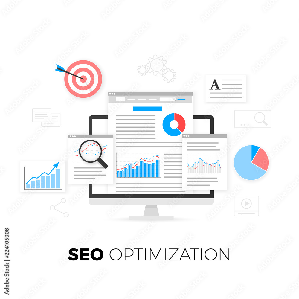 Poster seo optimization concept. search engine optimization strategy. data analytics. content development a