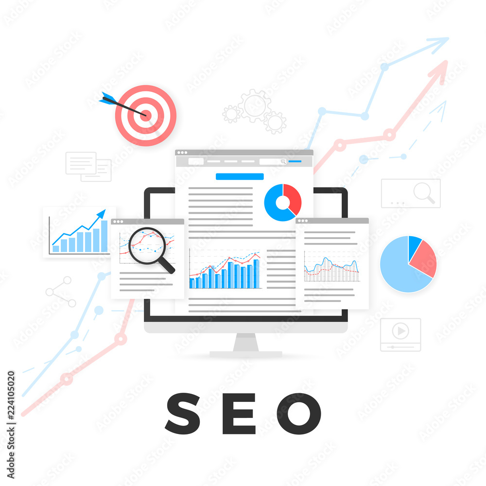 Poster seo optimization concept. search engine optimization. seo content marketing. web analytics design. v