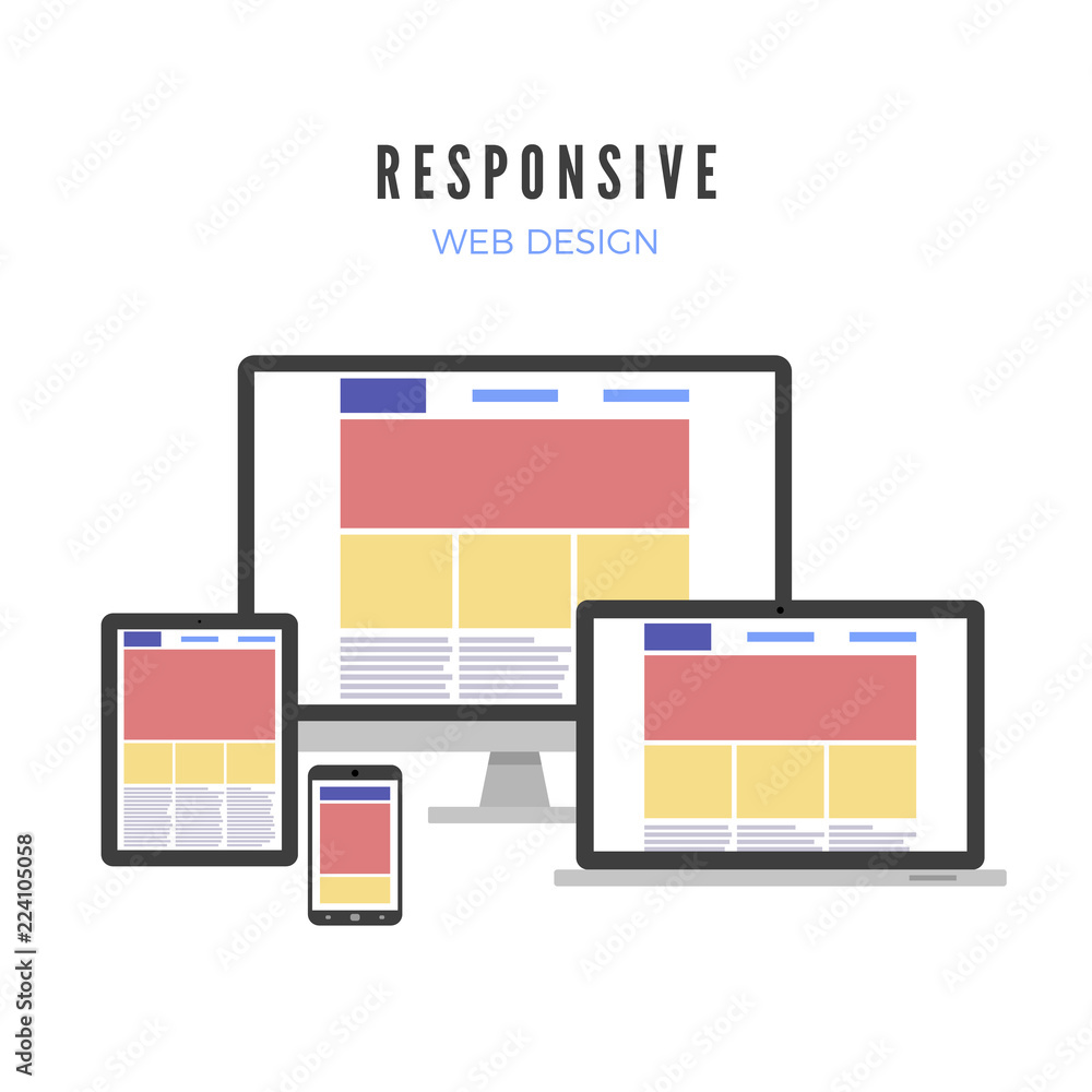 Aufkleber responsive web design. website template on different gadgets screen. vector illustration