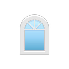 Vector illustration of arc vinyl casement window. Flat icon of traditional aluminum arched window with decorative bars. Isolated on white background.