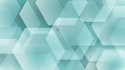Abstract background of hexagons and halftone dots in white and turquoise colors