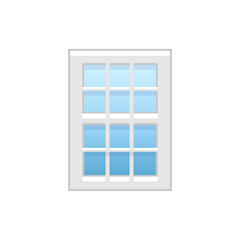 Vector illustration of vinyl single-hung window. Flat icon of traditional aluminum sash window with vertical & horizontal bars on both panels. Isolated on white background.