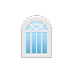 Vector illustration of arc vinyl casement window. Flat icon of traditional aluminum arched window with decorative bars. Isolated object on white background.