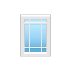 Vector illustration of vintage vinyl casement window. Flat icon of aluminum window with decorative metal bars. Isolated on white background.