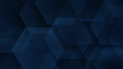 Abstract background of hexagons and halftone dots in dark blue colors
