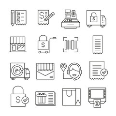 e commerce and shopping icons outline on white background