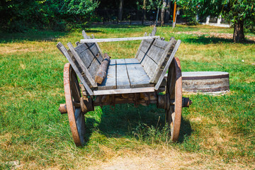 Vintage wooden cart in the village, close up