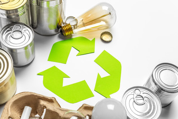 Eco concept with recycling symbol on table background top view