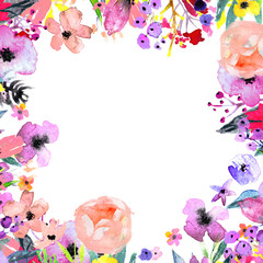 Watercolor Floral Background. Hand painted border of flowers. Good for invitations and greeting cards. Frame isolated on white. Rose, poppy and peony illustration Spring blossom