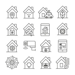 home automation and smart home icons outline on white background