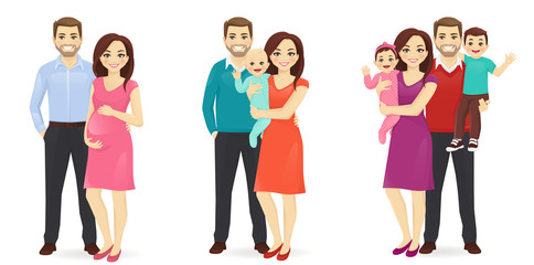 Set of family stages of development. Husband with pregnant wife. Parents with newborn baby. Mother and father with daughter and son. Vector illustration.