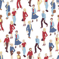 Seamless pattern with business people walking. Cartoon style illustration with men and woman. Casual street fashion vector.