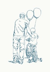 Father learn his little son to ride a bicycle. Ink sketch effect