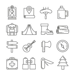 camping icons in thin line style on white background