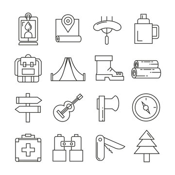camping icons in thin line style on white background