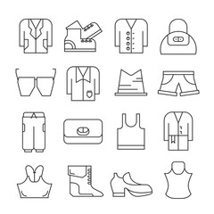 clothing and accessories icons thin line on white background