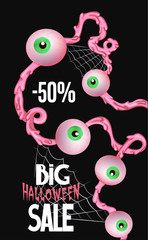 Halloween sale poster with garland of eyes and spider nets. Vector illustration