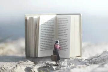 Tuinposter surreal journey of a woman inside the story of an adventurous book © Cristina Conti