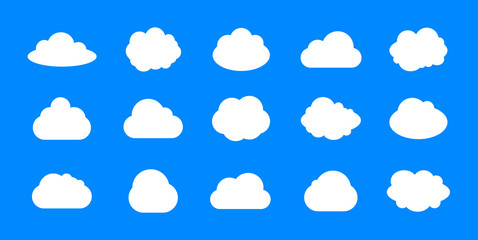 Vector Set of Clouds, White Icons on Blue Background, Blank Frames Collection.