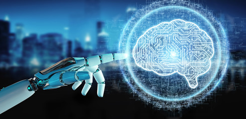 White humanoid hand using digital artificial intelligence icon hologram 3D rendering