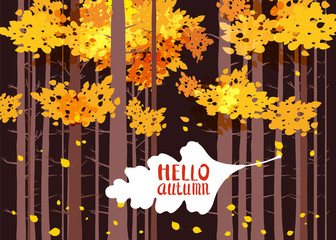 Hello autumn, lettering on an autumn leaf, fall, background landscape forest, tree trunks, template for banner, poster, vector, illustration, isolated