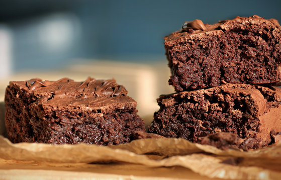 Freshly backed chocolate brownies close up