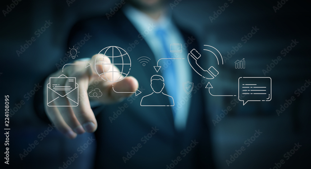 Poster businessman using thin line social network icons interface