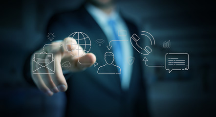Businessman using thin line social network icons interface