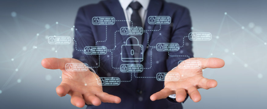 Businessman protecting his datas with thin line security interface