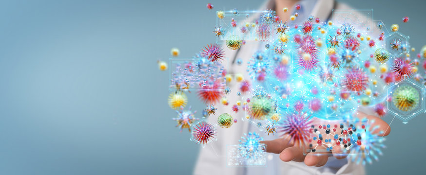 Doctor using digital nanobot virus 3D rendering