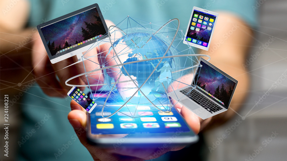 Poster view of a businessman holding a computer and devices displayed on a smartphone interface with intern