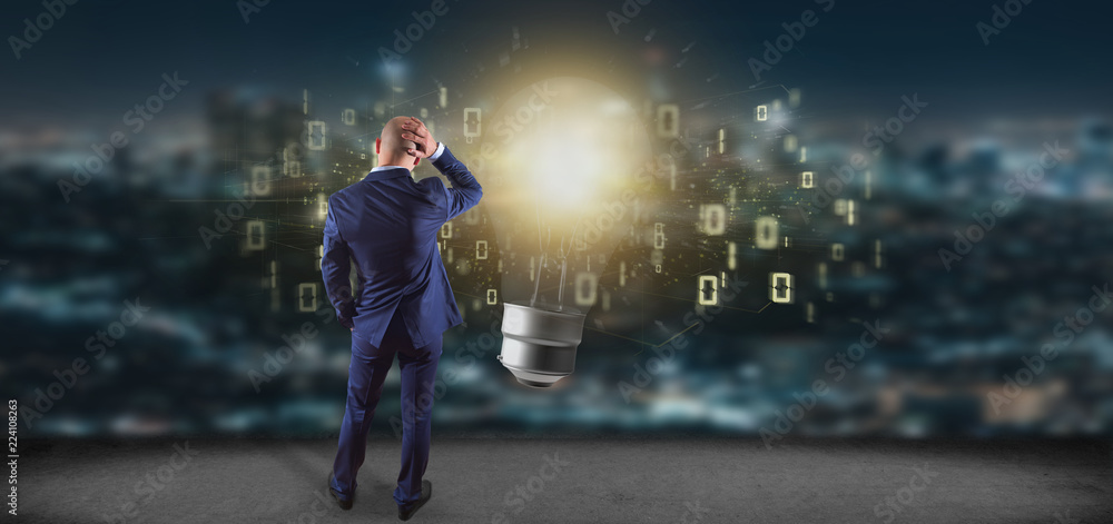 Poster businessman in front of a bulb lamp idea concept with start up icon connected 3d rendering